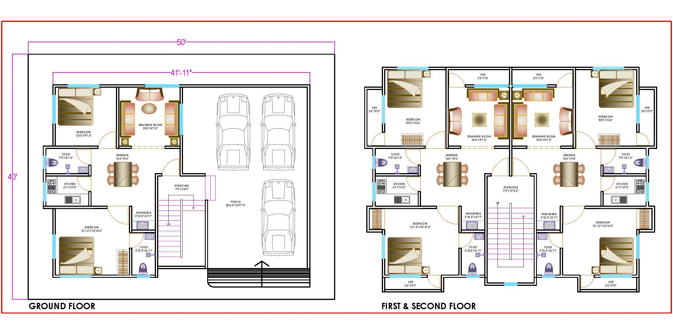 50'x40' Plot Multi-Family Residence AutoCAD Layout